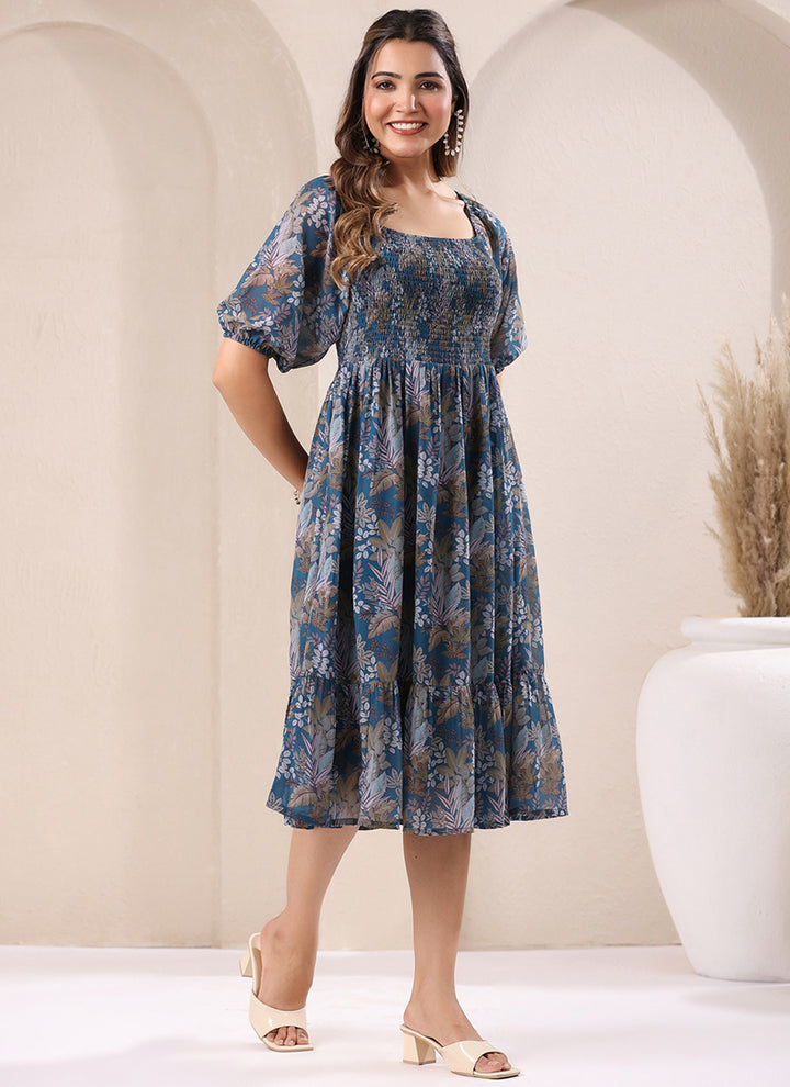 Teal Blue Georgette Floral Printed Outwear Midi Dress