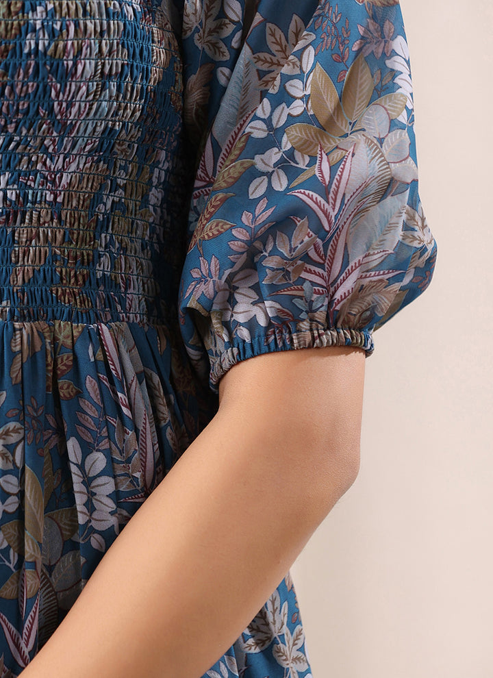 Teal Blue Georgette Floral Printed Outwear Midi Dress