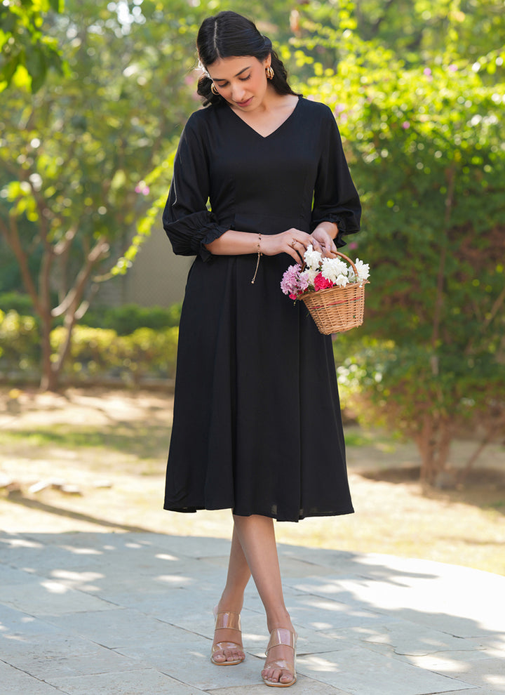 Rayon Black Color Plain A-line Outwear Midi Dress