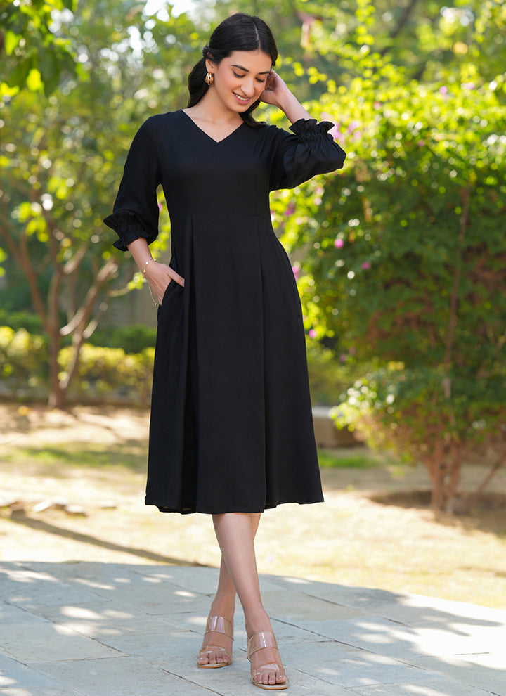 Rayon Black Color Plain A-line Outwear Midi Dress