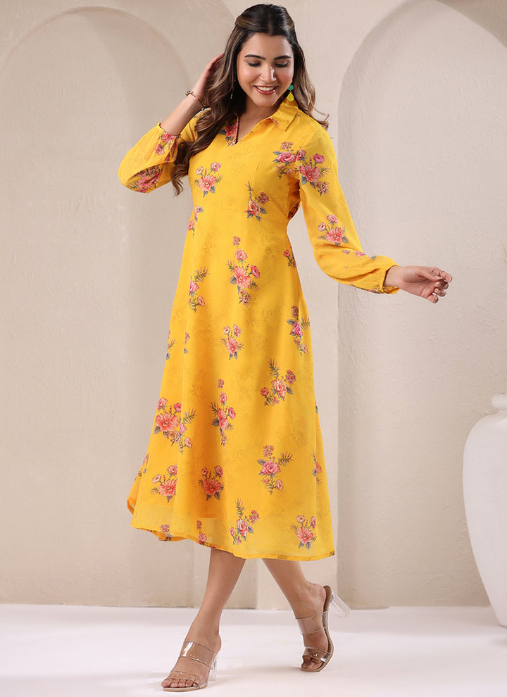 Yellow Georgette Dress Floral Printed Flare Midi Dress