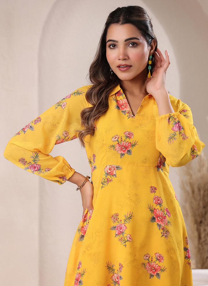 Yellow Georgette Dress Floral Printed Flare Midi Dress