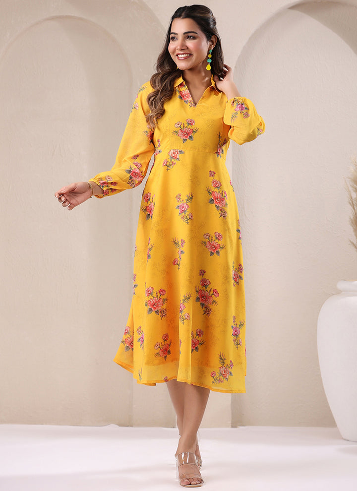 Yellow Georgette Dress Floral Printed Flare Midi Dress