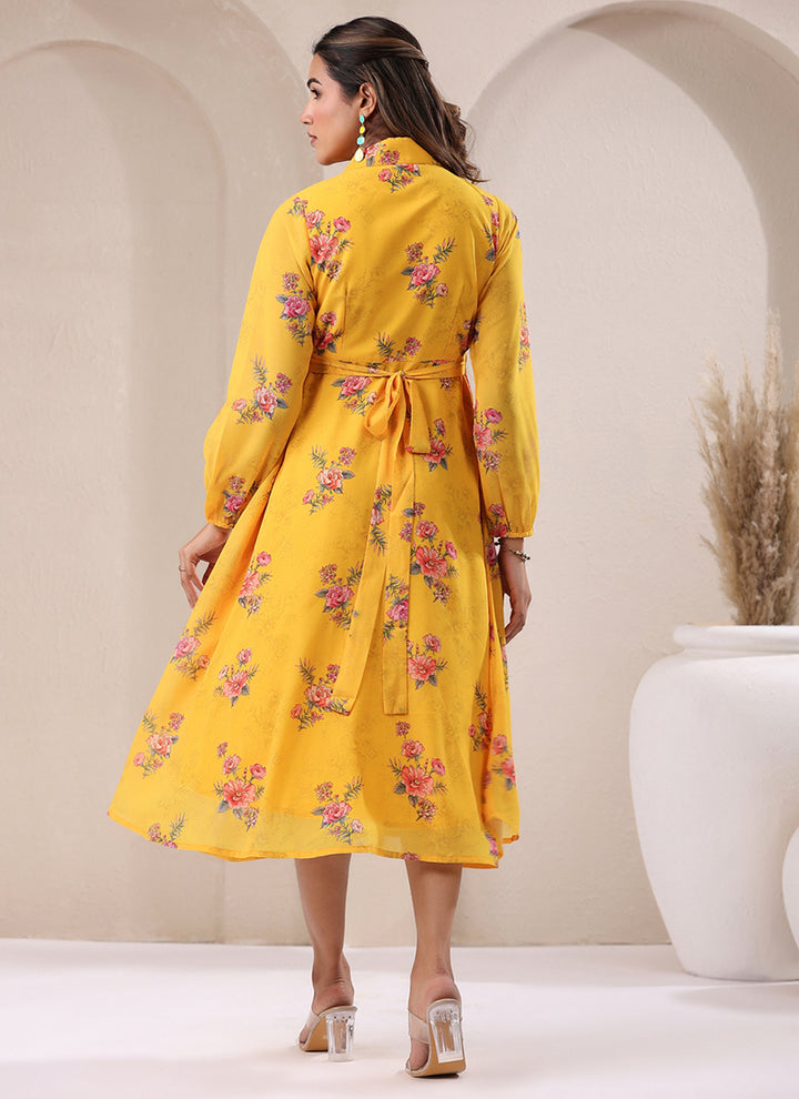 Yellow Georgette Dress Floral Printed Flare Midi Dress