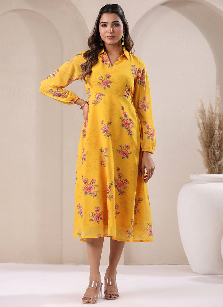 Yellow Georgette Dress Floral Printed Flare Midi Dress