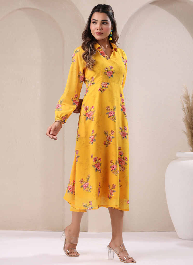 Yellow Georgette Dress Floral Printed Flare Midi Dress