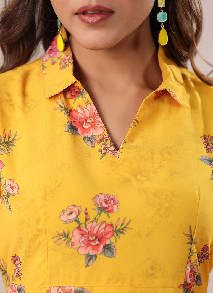 Yellow Georgette Dress Floral Printed Flare Midi Dress
