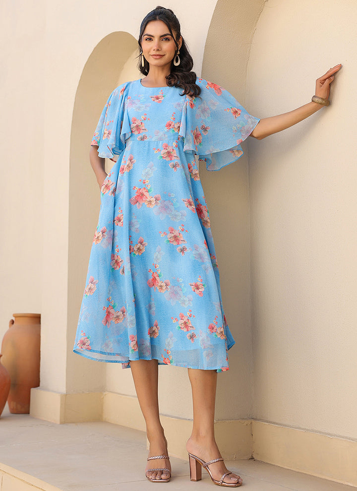 Aqua Blue Flower Printed Georgette Midi Dress