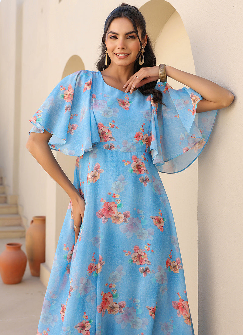 Aqua Blue Flower Printed Georgette Midi Dress