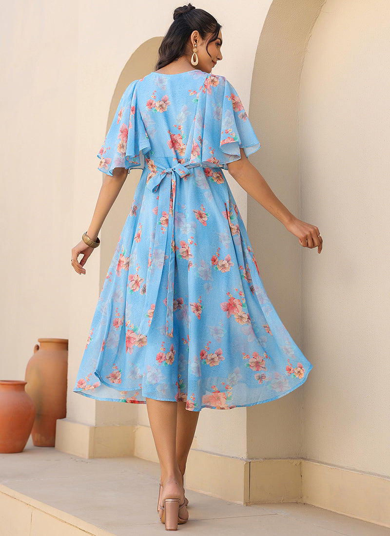 Aqua Blue Flower Printed Georgette Midi Dress