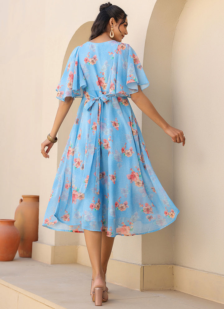Aqua Blue Flower Printed Georgette Midi Dress