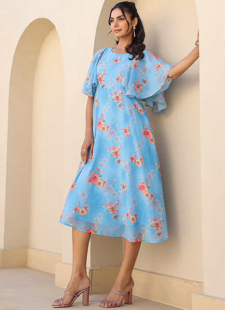 Aqua Blue Flower Printed Georgette Midi Dress