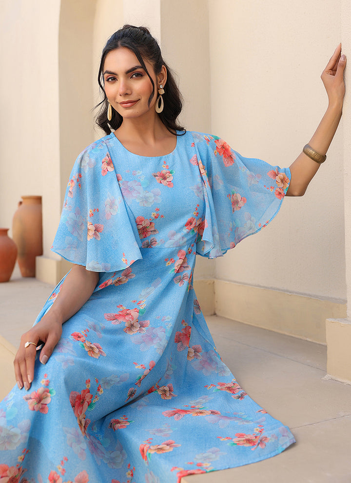 Aqua Blue Flower Printed Georgette Midi Dress