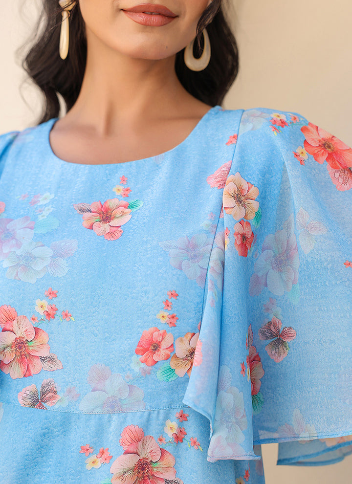 Aqua Blue Flower Printed Georgette Midi Dress