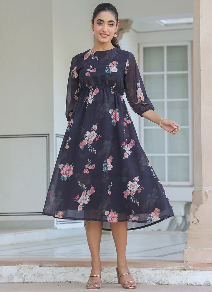Flower Printed Georgette Black A-line Midi Dress
