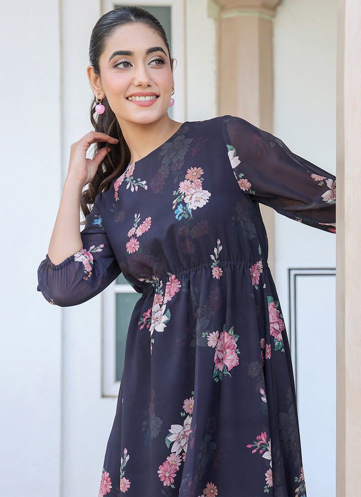 Flower Printed Georgette Black A-line Midi Dress