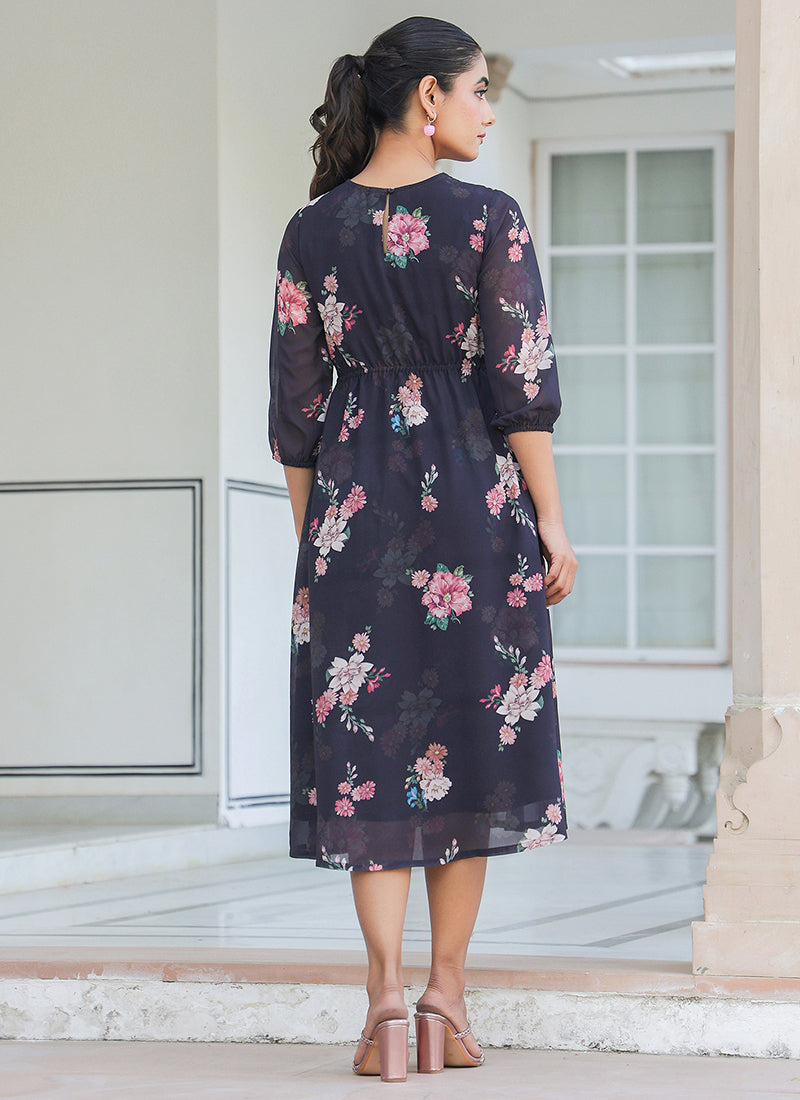 Flower Printed Georgette Black A-line Midi Dress