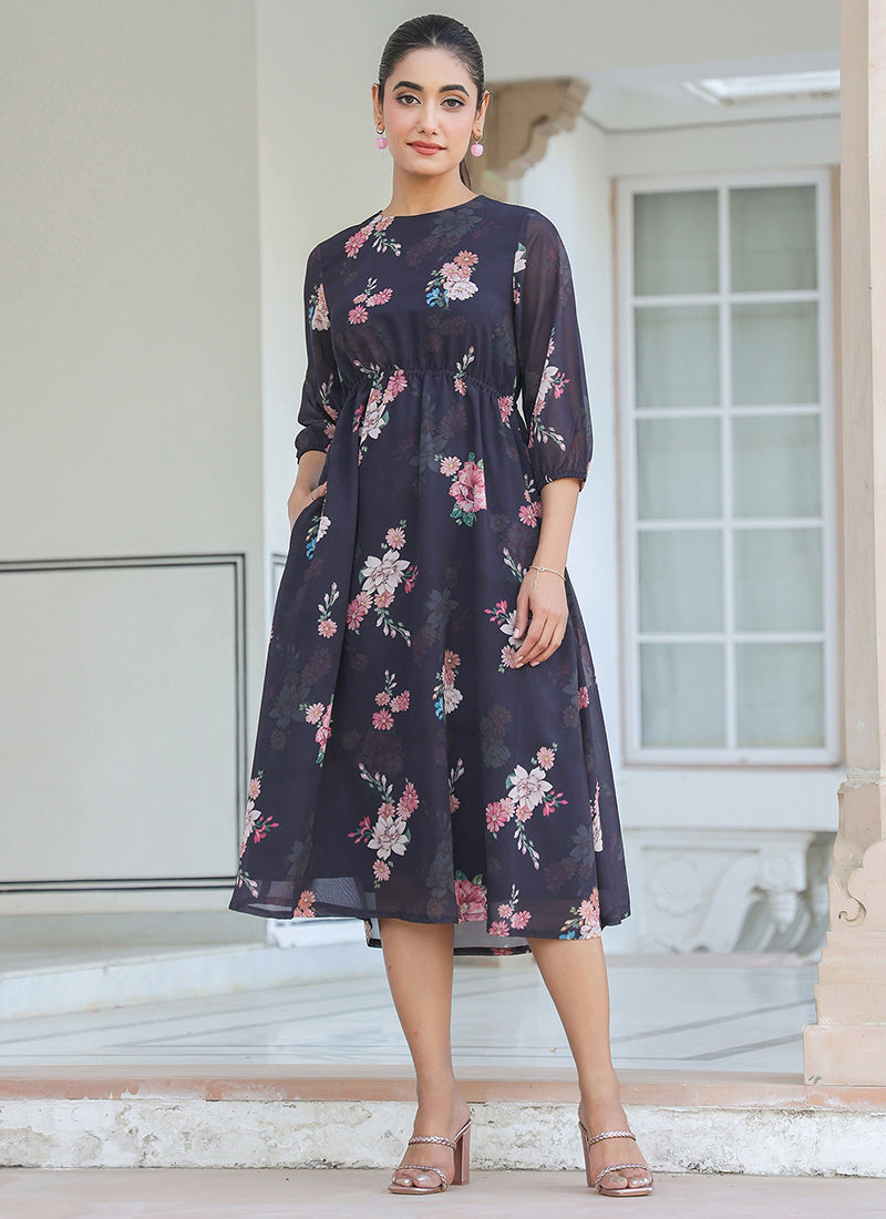 Flower Printed Georgette Black A-line Midi Dress