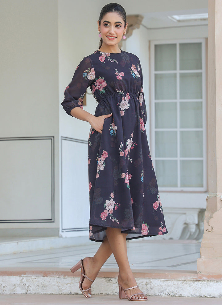 Flower Printed Georgette Black A-line Midi Dress
