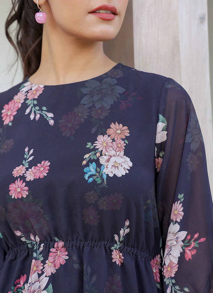 Flower Printed Georgette Black A-line Midi Dress