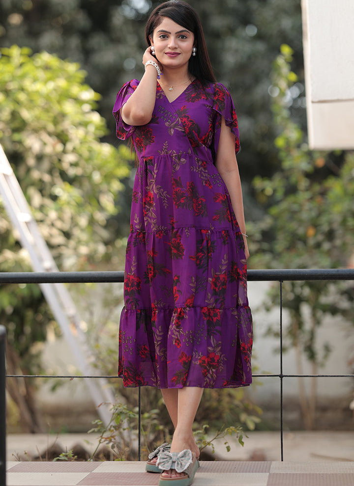 Purple Flower Printed Georgette Western Midi Dress