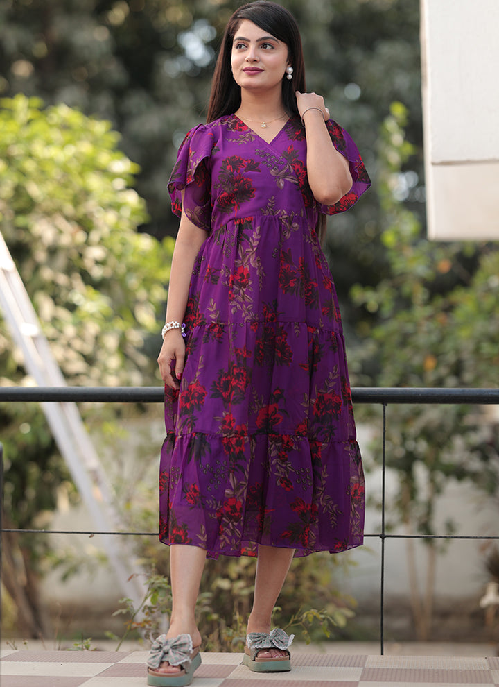 Purple Flower Printed Georgette Western Midi Dress