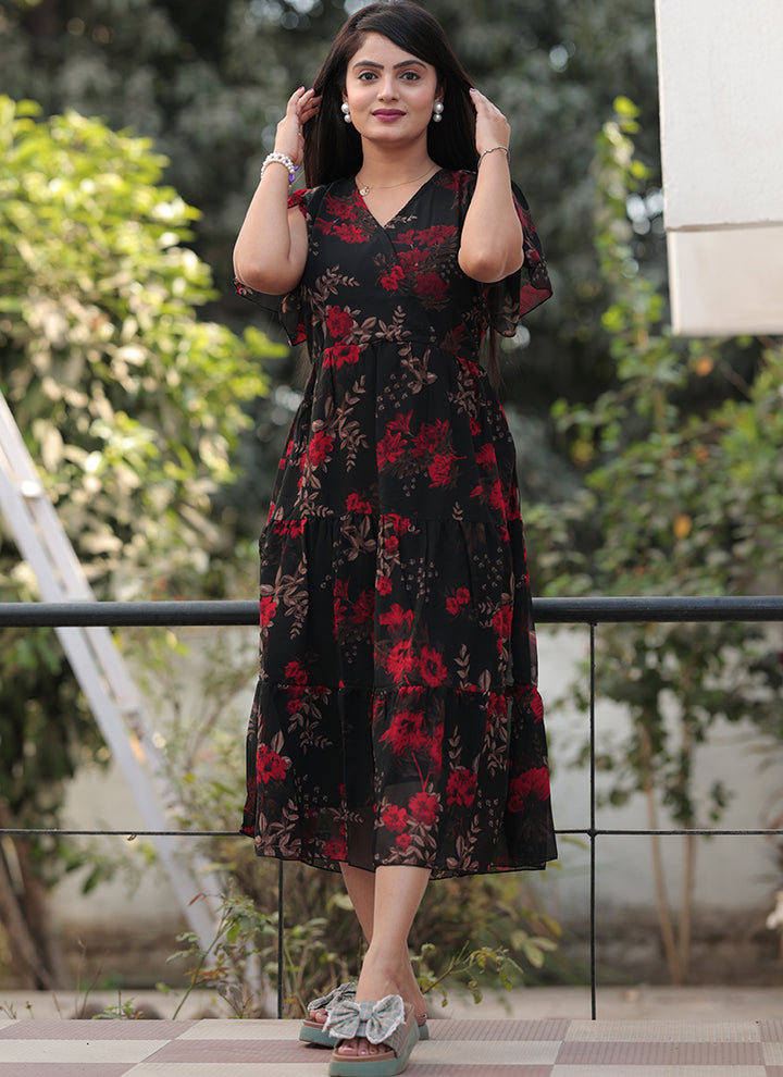 Red Flower Printed Black Georgette Western Midi Dress