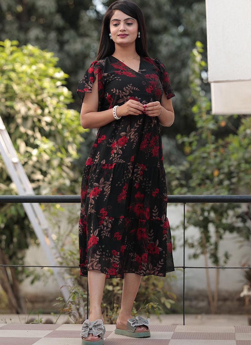 Red Flower Printed Black Georgette Western Midi Dress