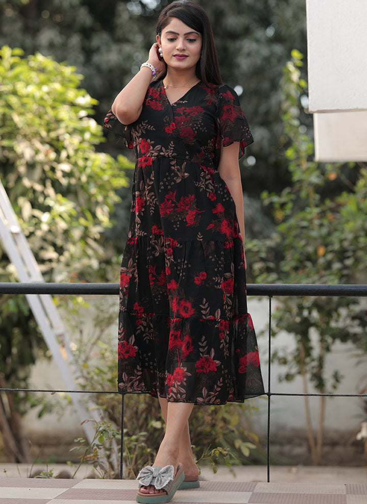 Red Flower Printed Black Georgette Western Midi Dress