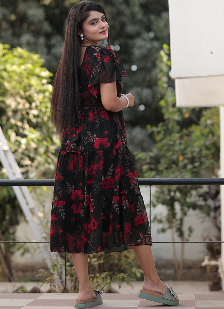 Red Flower Printed Black Georgette Western Midi Dress