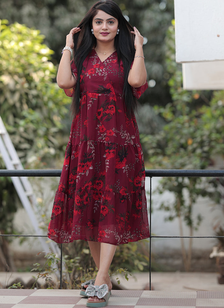 Maroon Georgette Flower Printed Western Midi Dress