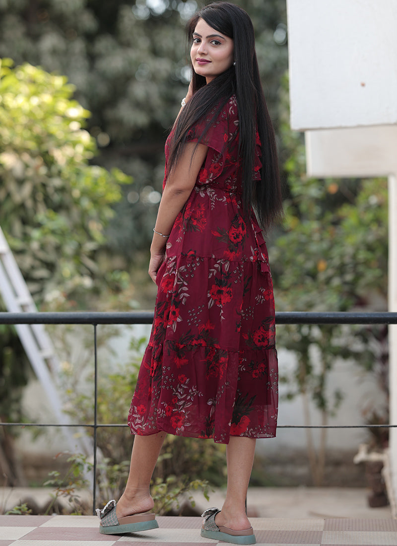 Maroon Georgette Flower Printed Western Midi Dress