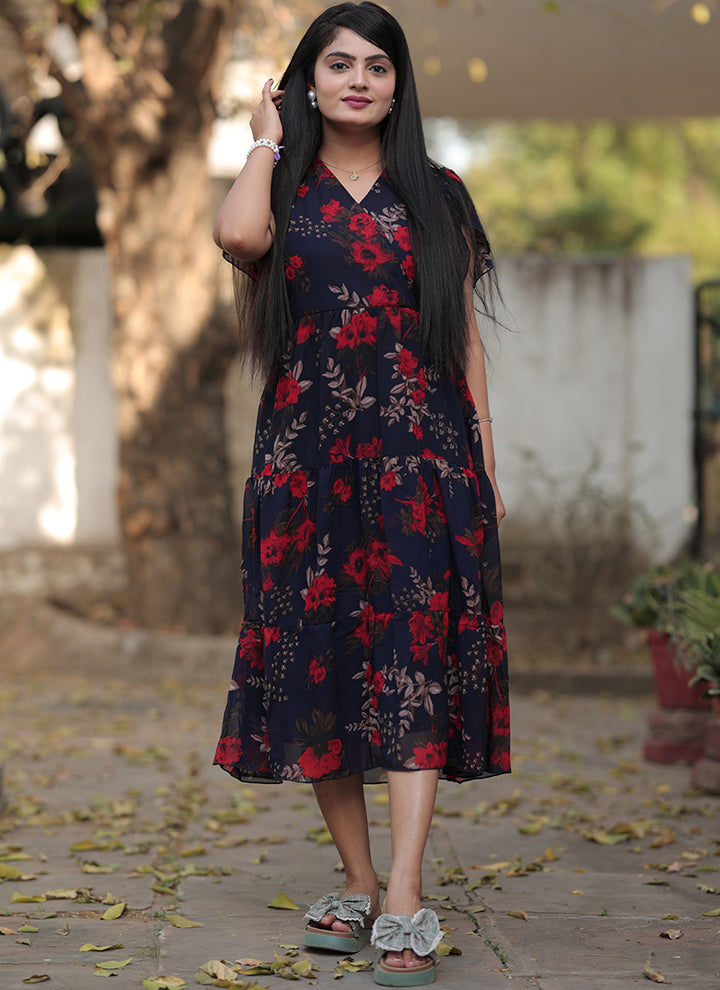 Navy Blue Georgette With Red Flower Printed Western Midi Dress