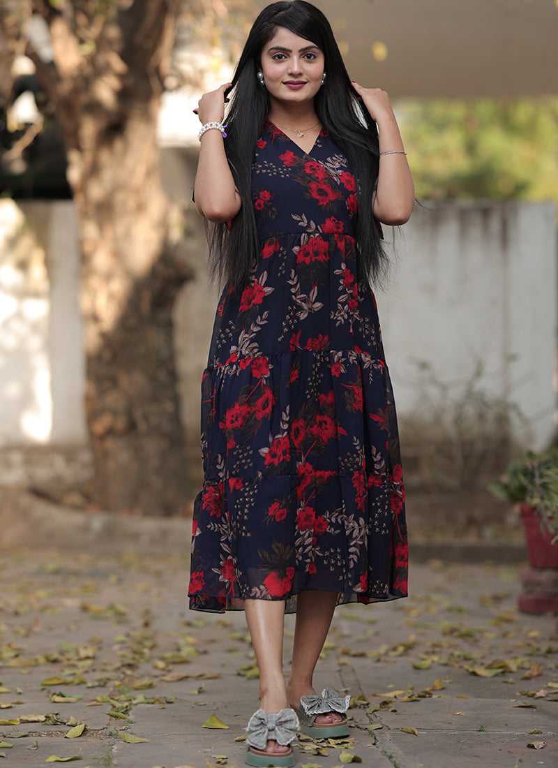 Navy Blue Georgette With Red Flower Printed Western Midi Dress