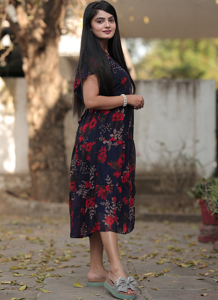 Navy Blue Georgette With Red Flower Printed Western Midi Dress