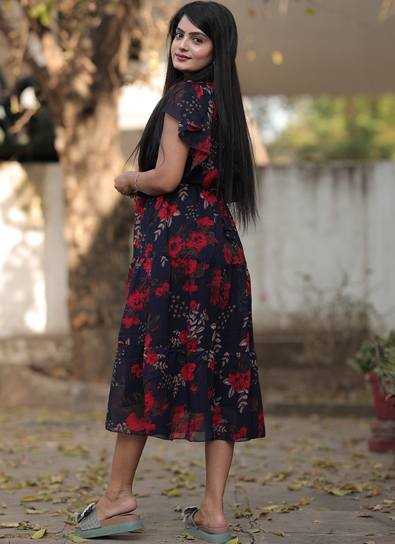 Navy Blue Georgette With Red Flower Printed Western Midi Dress