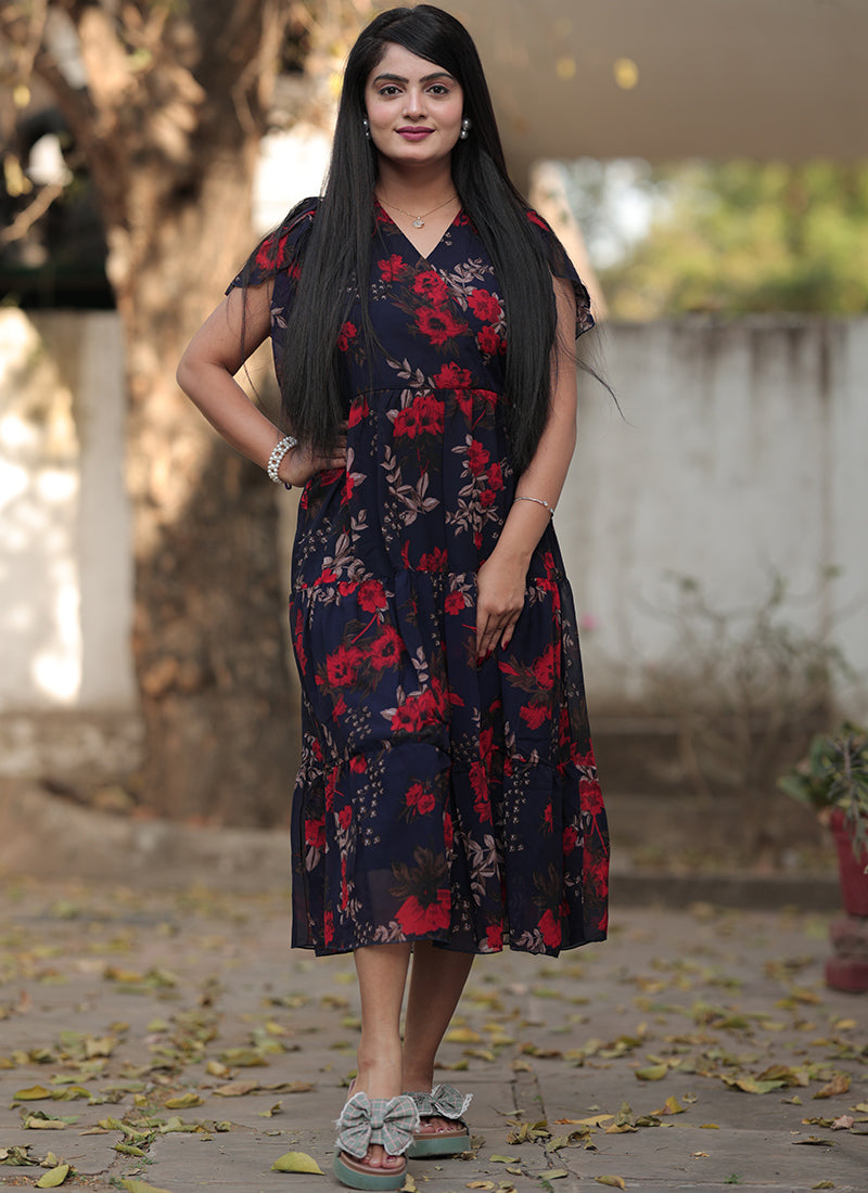 Navy Blue Georgette With Red Flower Printed Western Midi Dress