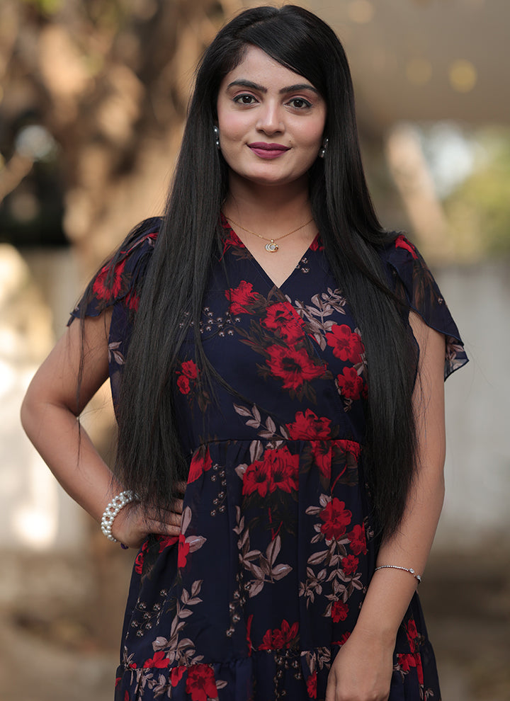 Navy Blue Georgette With Red Flower Printed Western Midi Dress