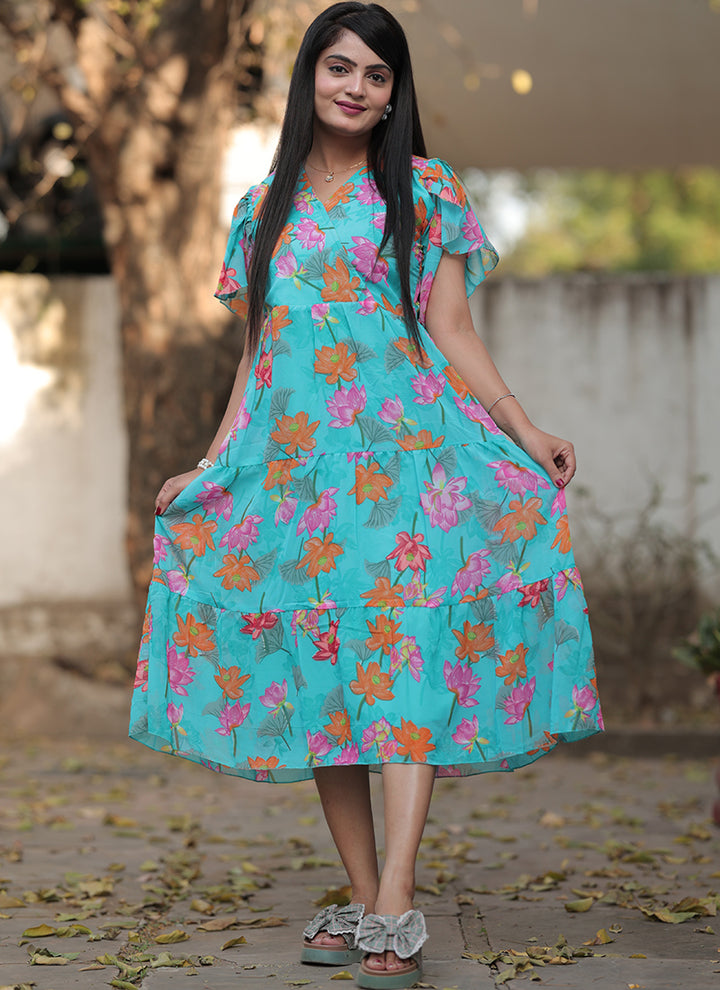 Sky Blue Georgette With Flower Printed Western Midi Dress