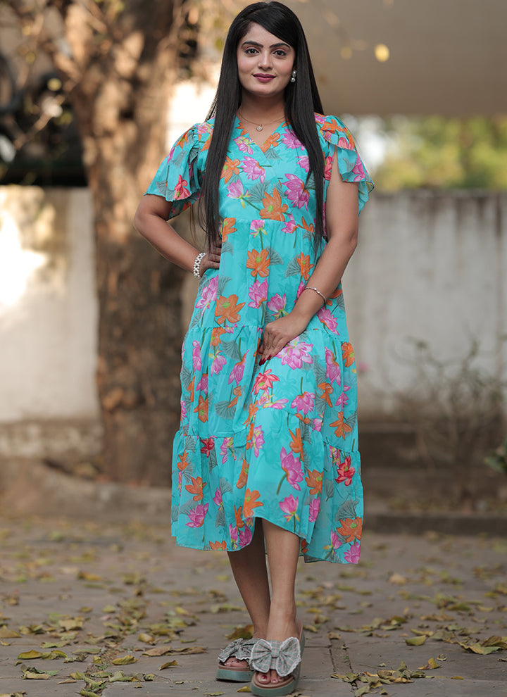 Sky Blue Georgette With Flower Printed Western Midi Dress