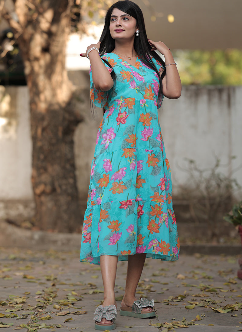 Sky Blue Georgette With Flower Printed Western Midi Dress