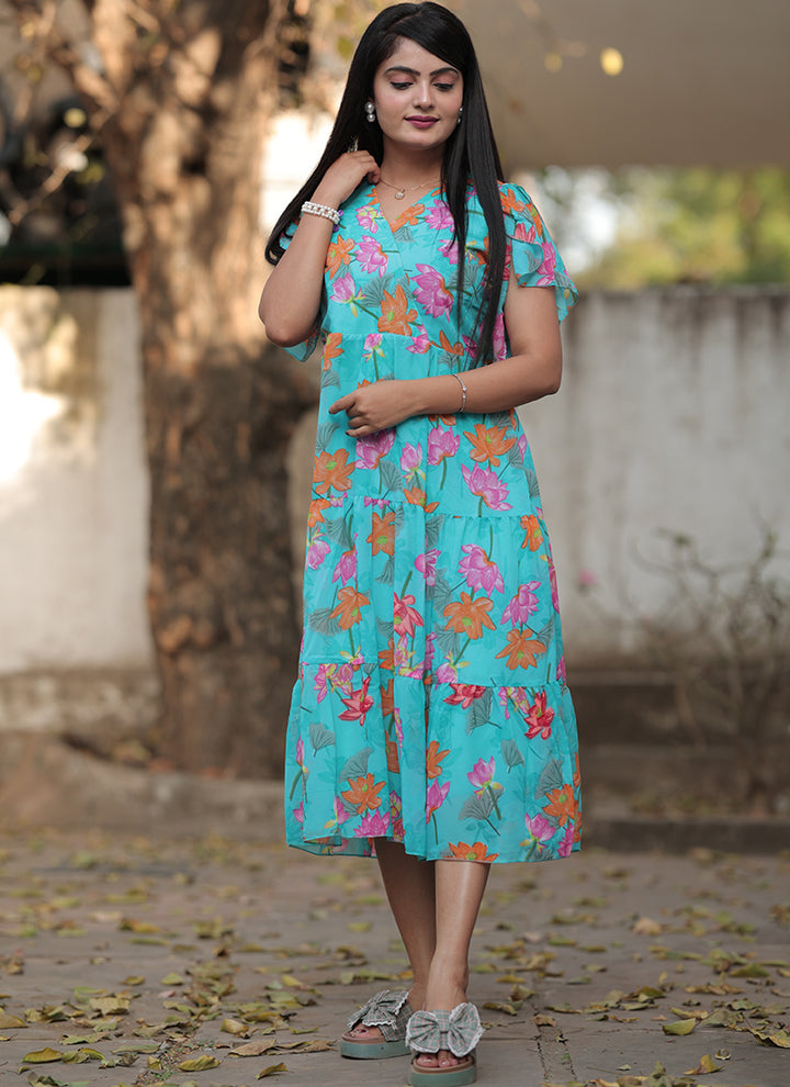 Sky Blue Georgette With Flower Printed Western Midi Dress