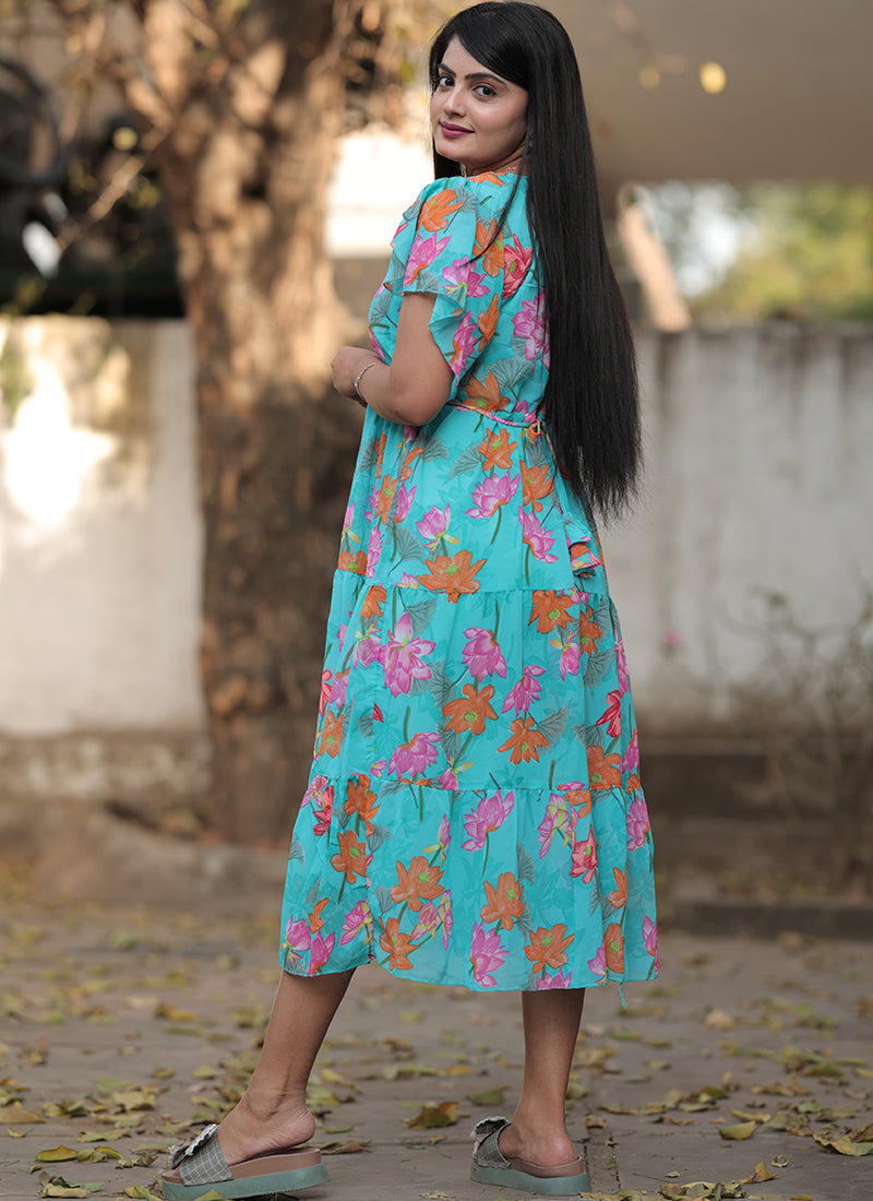 Sky Blue Georgette With Flower Printed Western Midi Dress