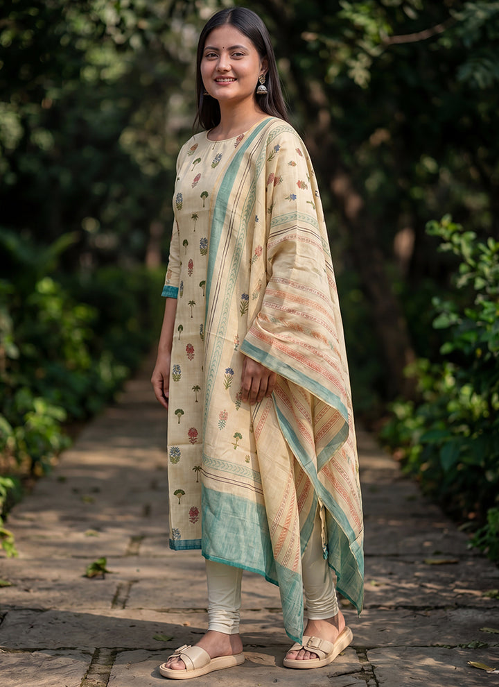 Cream Cotton Straight Fit Festive Kurta And Dupatta
