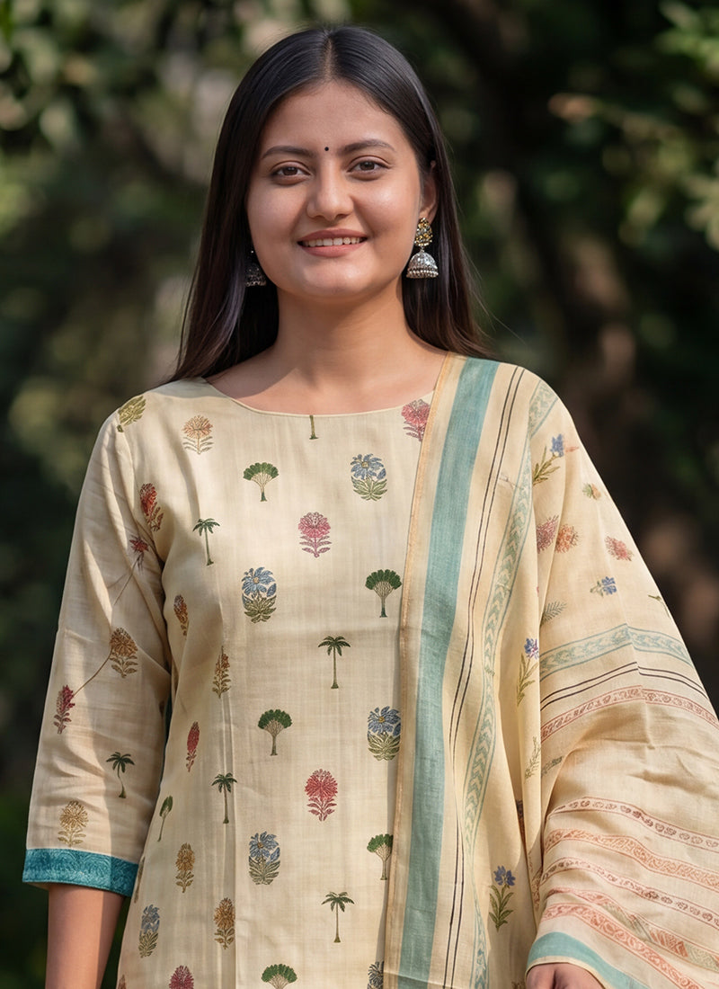Cream Cotton Straight Fit Festive Kurta And Dupatta