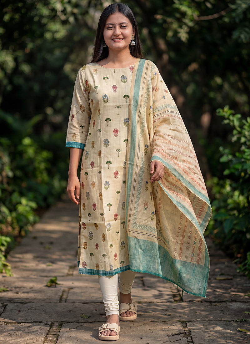 Cream Cotton Straight Fit Festive Kurta And Dupatta