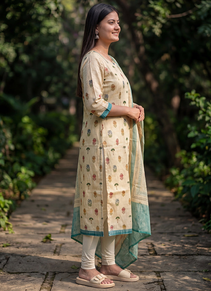 Cream Cotton Straight Fit Festive Kurta And Dupatta