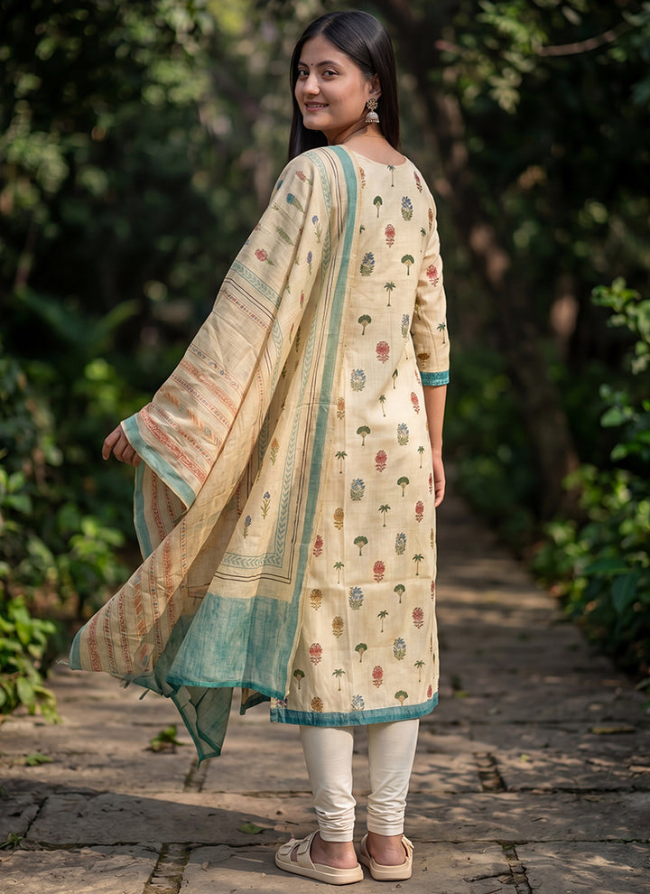 Cream Cotton Straight Fit Festive Kurta And Dupatta