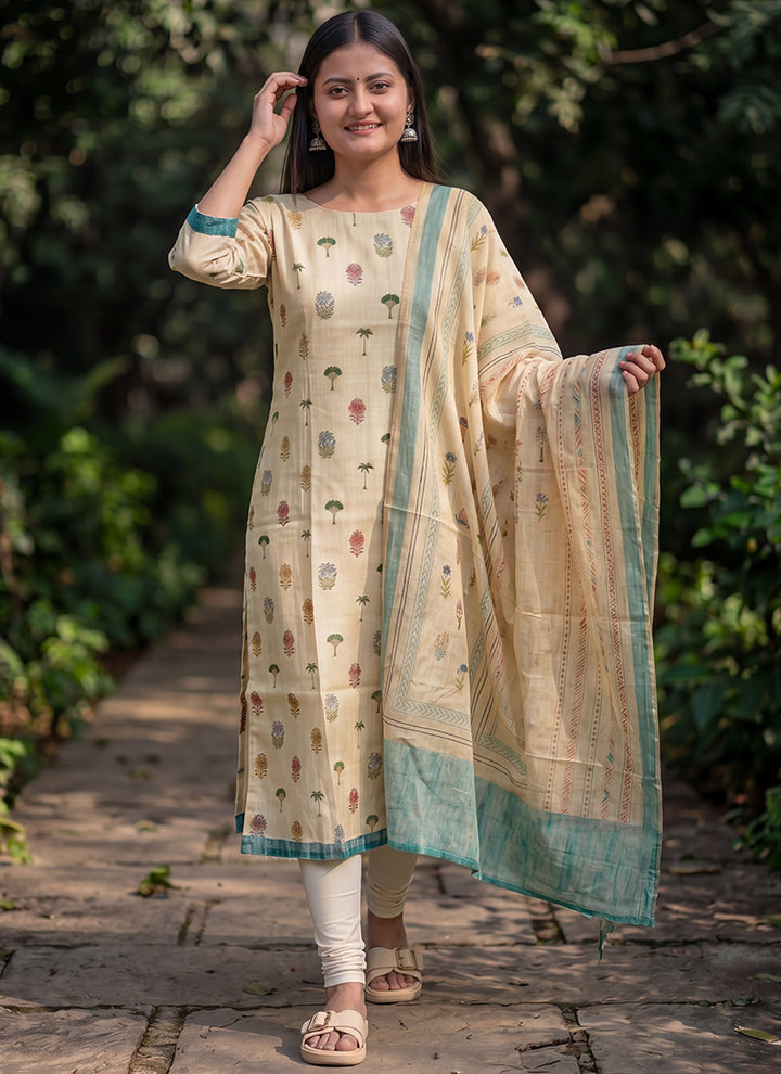 Cream Cotton Straight Fit Festive Kurta And Dupatta
