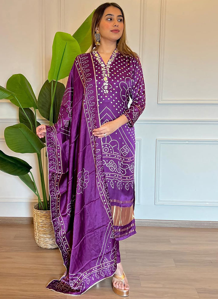 Purple Bandhani Style Viscose Straight Kurta Set